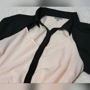 Charlotte Russe sheer Pink and black cut out, button up, long sleeve blouse. Med